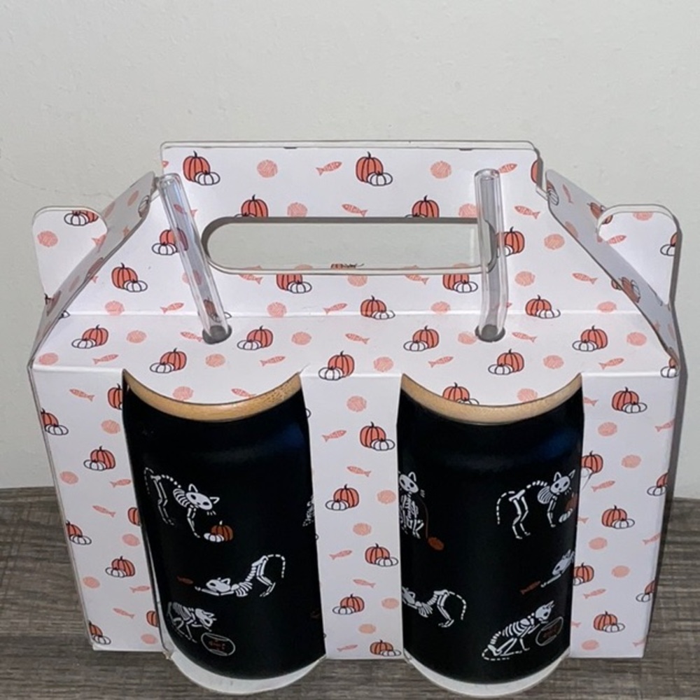 Prima Design Skeleton Cat 16oz.2 Glass Tumblers Bamboo Lid & Glass Straw NIB